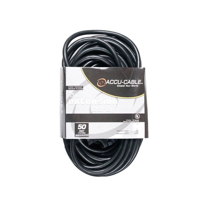 American DJ Accu-Cable 3-Wire Edison AC Extension Cord with Three Plugs (12 AWG, Black, 50')